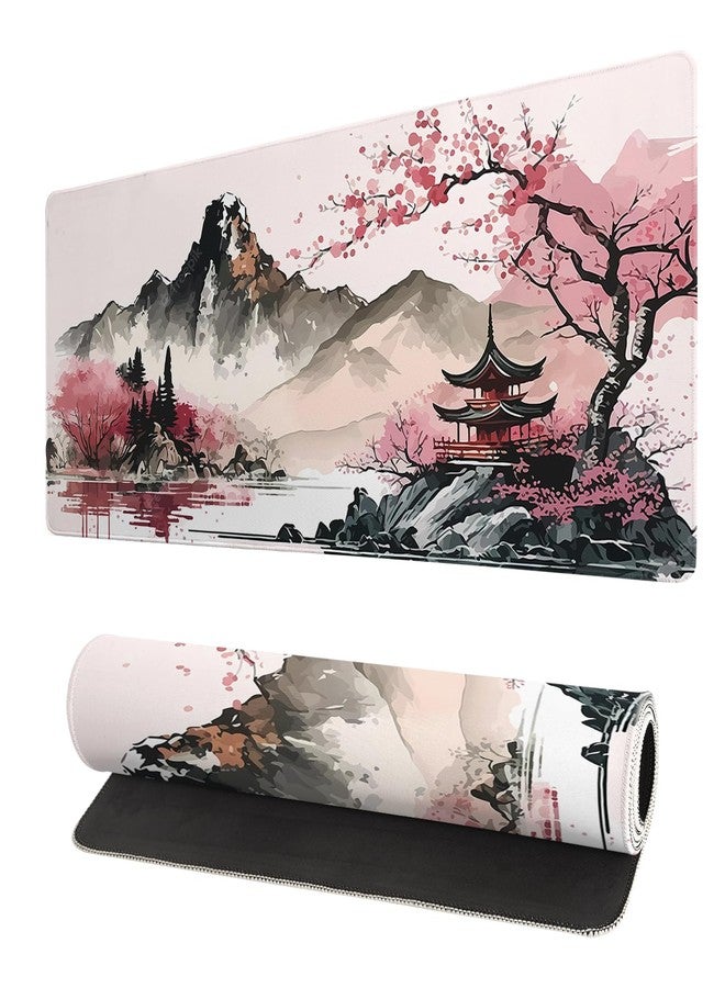 Brecoy Watercolor Cherry Blossom Large Gaming Mouse Pad,Mouse Pad Gaming 31.5 x 11.8 in Mouse Mat Desk Pad,Large Desk Mat,Extended Keyboard Mousepad with Non-Slip Base and Stitched Edge for Desk Home Office - Image 1