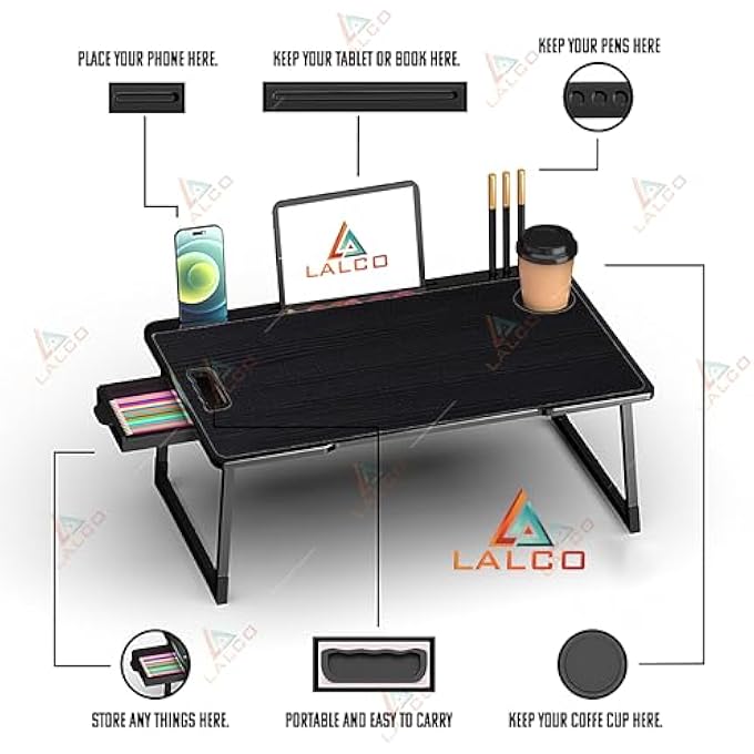 LALCO FOLDABLE WOODEN MINI LAPTOP TABLE FOR BED, STUDY TABLE WITH DRAWER, TABLET/MOBILE HOLDER FOR KIDS & ADULTS (COTTEDS BLACK) - Image 2