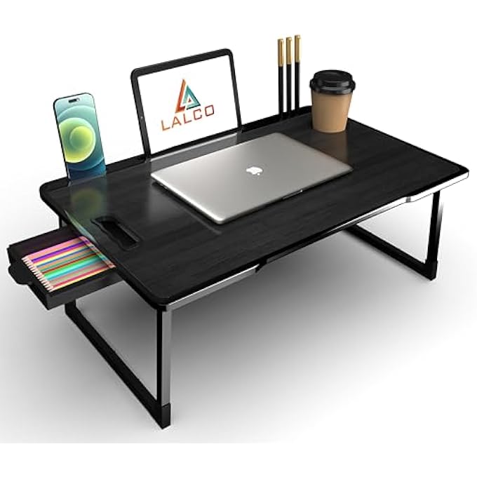 LALCO FOLDABLE WOODEN MINI LAPTOP TABLE FOR BED, STUDY TABLE WITH DRAWER, TABLET/MOBILE HOLDER FOR KIDS & ADULTS (COTTEDS BLACK) - Image 1