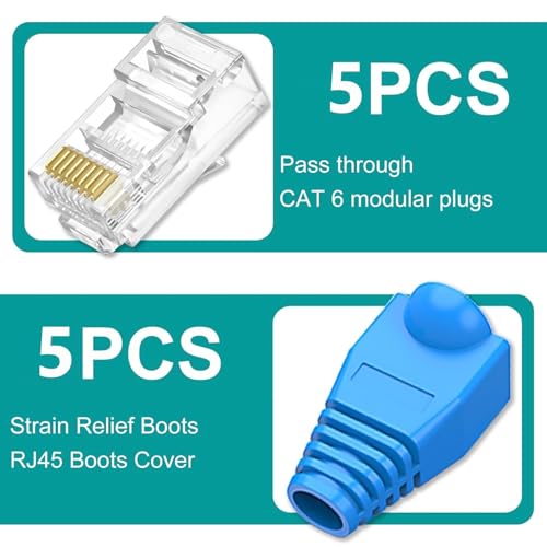 XIKKART RJ45 Crimping Tool Kit | Pass Through Ethernet Crimper for Cat7, Cat6, Cat5 | Network Cable Crimping Tool with 5Pcs Cat6 Connectors + 5Pcs Boots | RJ45 RJ11 RJ12 Tool (Multicolor) - Image 5