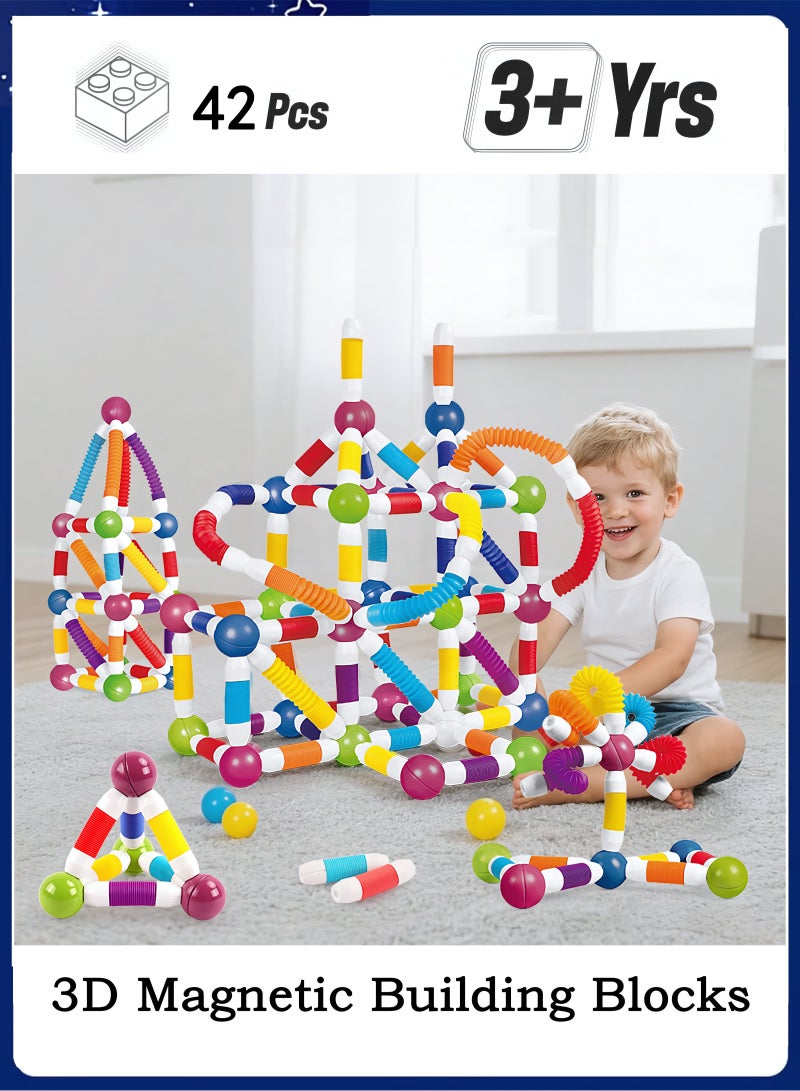 42 PCS Magnetic Building Toys for Kids, Soft Flexible Tube Sticks & Ball Creativity Game, Featuring Safe, Extra-Strong, 3D Development Kit for Preschool, Ideal Gift Set for Boys & Girls 3+ years - Image 1