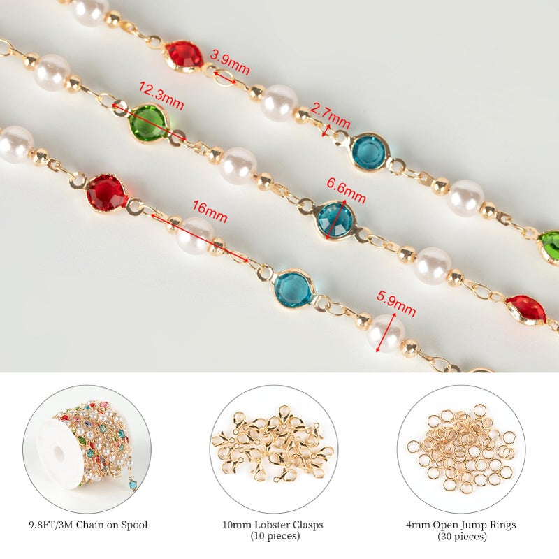 KYUNHOO 3 Meters Pearl Chains for Jewelry Making, Mixed Color Rhinestone Beaded Chains Bulk with Jump Rings and Lobster Clasps for Crafts DIY Supply Findings - Image 2