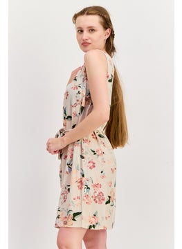 VERO MODA Women Floral Print Belted Mini Dress, Beige  - Image 4