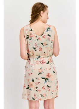 VERO MODA Women Floral Print Belted Mini Dress, Beige  - Image 2