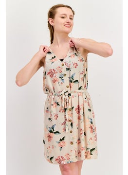 VERO MODA Women Floral Print Belted Mini Dress, Beige  - Image 1