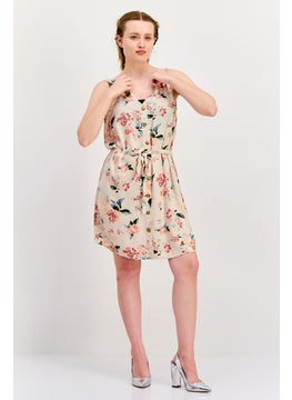 VERO MODA Women Floral Print Belted Mini Dress, Beige  - Image 3