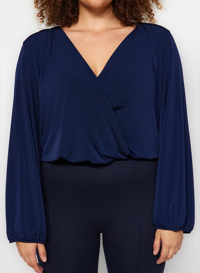 trendyol Navy Blue Balloon Sleeve Double Breasted Neckline Knitted Crop Blouse - Image 3