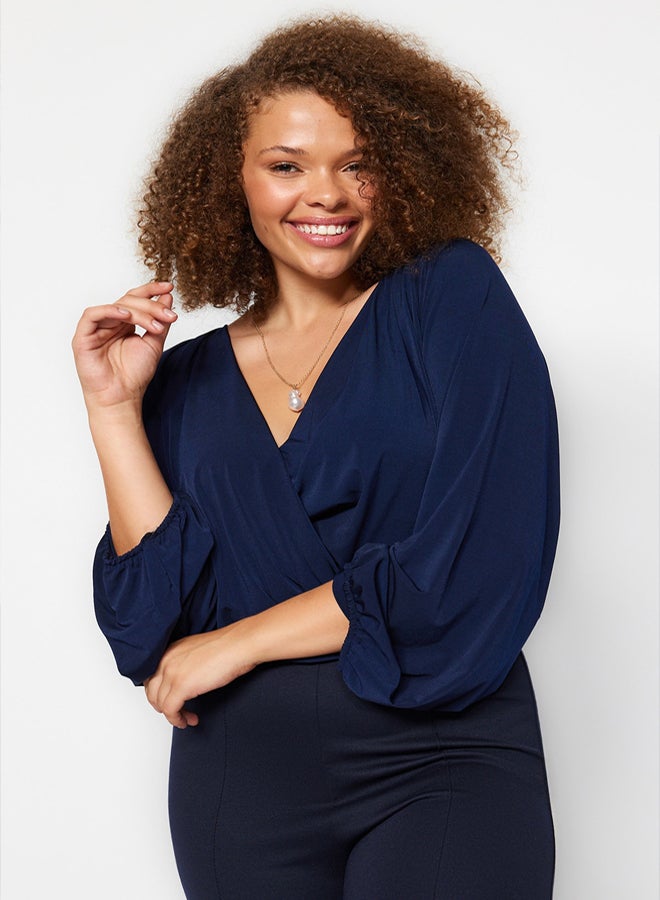 trendyol Navy Blue Balloon Sleeve Double Breasted Neckline Knitted Crop Blouse - Image 1