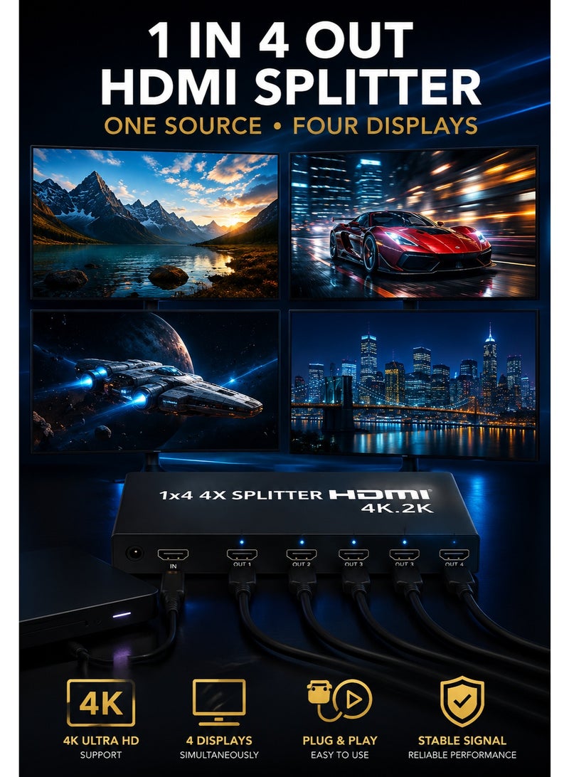 HDMI 1X4 Splitter – 4K Ultra HD | 1 HDMI Input to 4 HDMI Outputs - Image 3