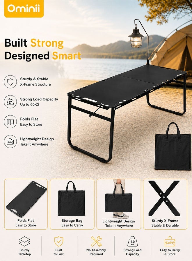 Ominii Portable Folding Camping Table 100×45×45cm with Lamp Stand, 60kg Capacity, Carbon Steel Frame & Carry Bag - Image 1