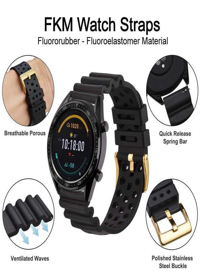 WOCCI 22mm Ventilated Watch Band for Men, FKM Rubber, Gold Buckle (Black) - Image 4