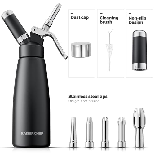 Kaiser chef Professional Aluminum Whipped Cream Dispenser - 500 mL/1 Pint,Whipped Cream Maker Canister with 5 Decorating Nozzles & Cleaning Brush - Need To Use N2O Chargers (Not Included) (Black, 500ml) - Image 3