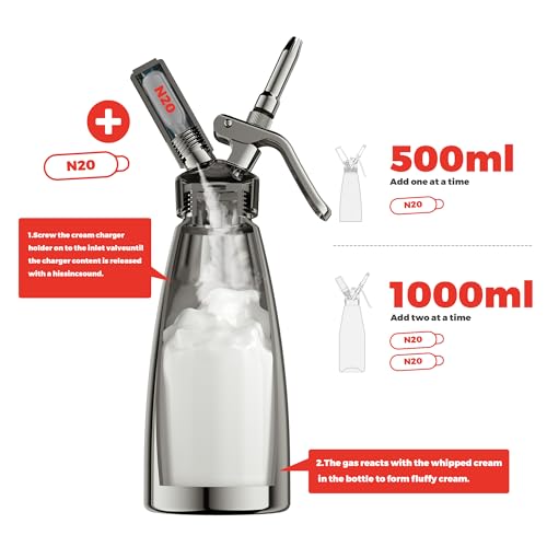 Kaiser chef Professional Aluminum Whipped Cream Dispenser - 500 mL/1 Pint,Whipped Cream Maker Canister with 5 Decorating Nozzles & Cleaning Brush - Need To Use N2O Chargers (Not Included) (Black, 500ml) - Image 5