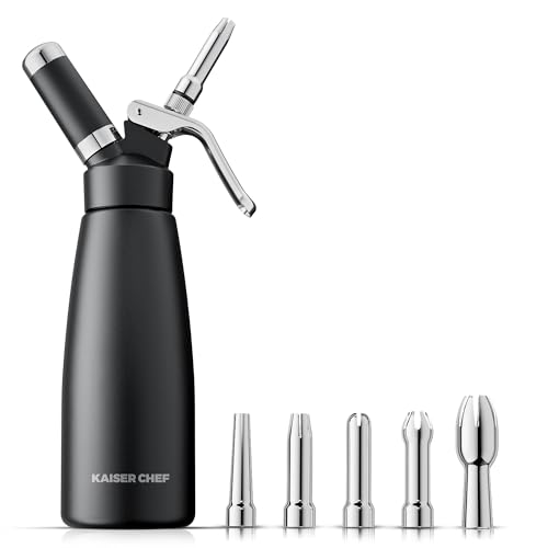 Kaiser chef Professional Aluminum Whipped Cream Dispenser - 500 mL/1 Pint,Whipped Cream Maker Canister with 5 Decorating Nozzles & Cleaning Brush - Need To Use N2O Chargers (Not Included) (Black, 500ml) - Image 1