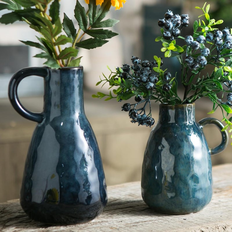Tanvecle Ceramic Vase Set of 2, Blue Glazed Small Pottery Vases with Handles, Decorative Clay Vase Modern Farmhouse Home Decor, Centerpiece Dining Table Decorations Porcelain - Image 1