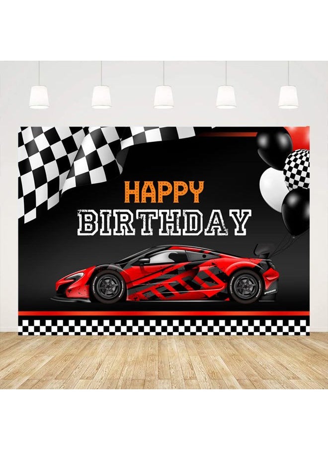 Ticuenicoa 7x5ft Red Race Car Happy Birthday Backdrop Car Themed Birthday Party Decorations Racing Party Photo Background Kids Boys Cake Table Banner Exciting Game Checkered Flag Photo Booth Props  - Image 1