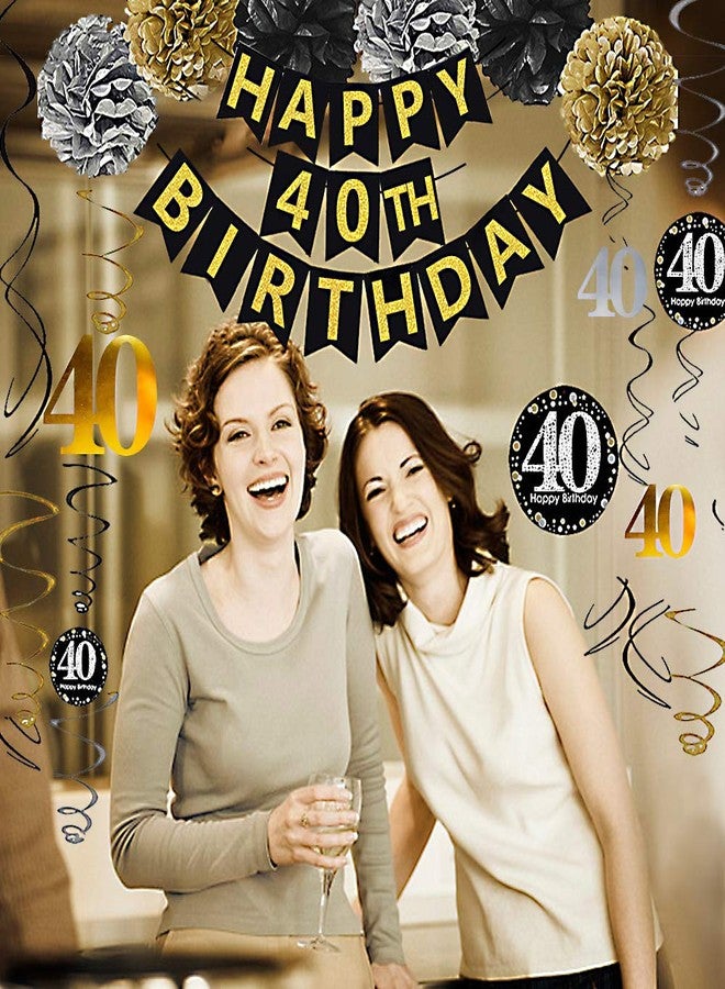 Famoby Black & Gold Glittery Happy 40th Birthday Banner,Poms,Sparkling 40 Hanging Swirls Kit for 40th Birthday Party 40th Anniversary Decorations - Image 3