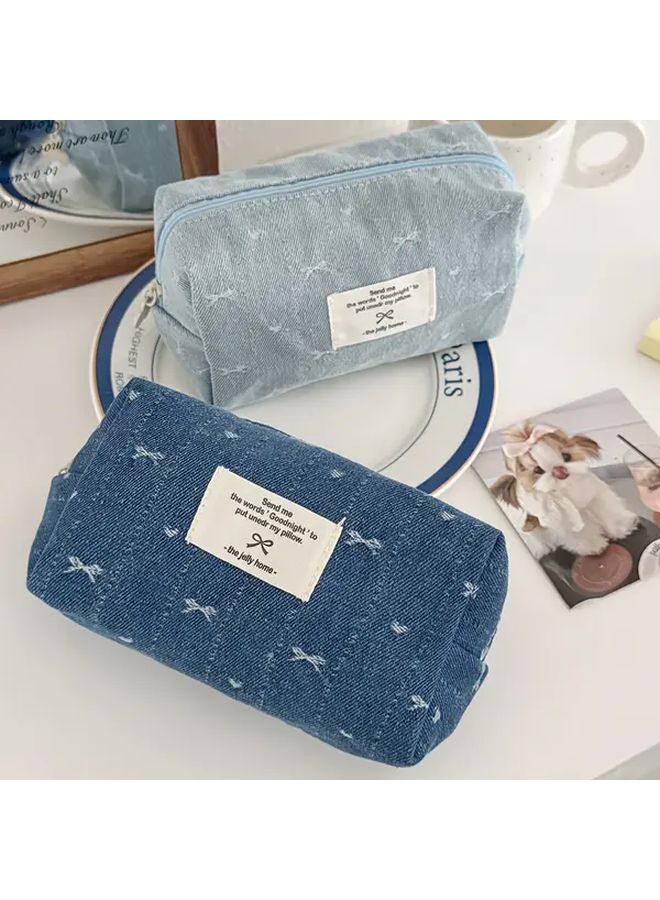 Denim Bow Octagon Pencil Case Navy Blue Multi Functional Organizer Zipper Closure - Image 1