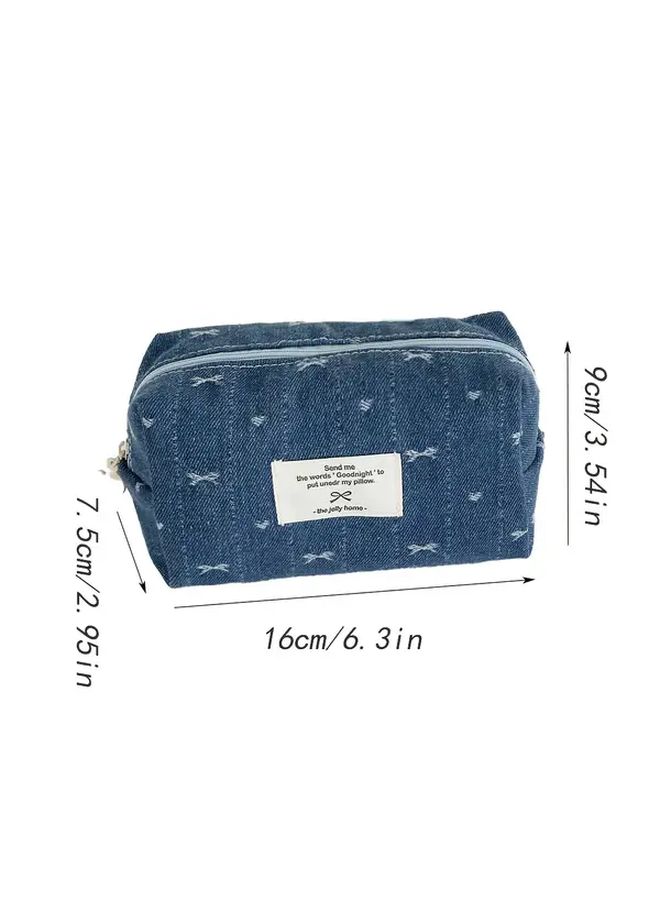 Denim Bow Octagon Pencil Case Navy Blue Multi Functional Organizer Zipper Closure - Image 2