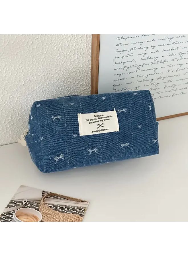 Denim Bow Octagon Pencil Case Navy Blue Multi Functional Organizer Zipper Closure - Image 3