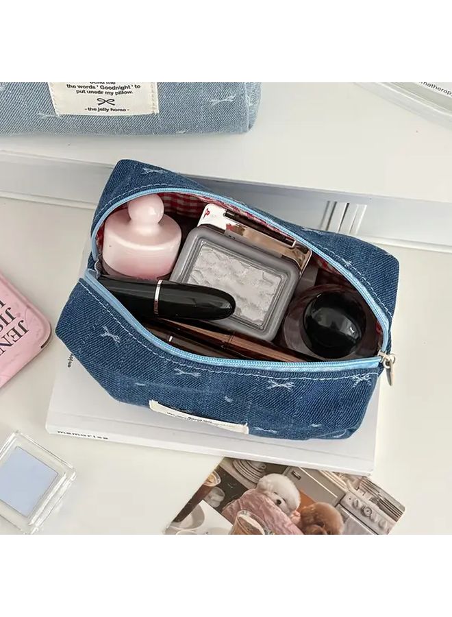Denim Bow Octagon Pencil Case Navy Blue Multi Functional Organizer Zipper Closure - Image 5