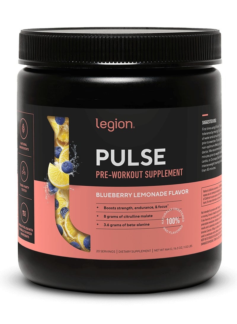 Legion Athletics Pulse Pre Workout Drink, Boosts Strength, Endurance & Focus, with 8g of Citrulline Malate, 3.6 g of Beta-Alanine, 20 Servings 464 g (1.02 Lbs) Blueberry Lemonade Flavor - Image 1