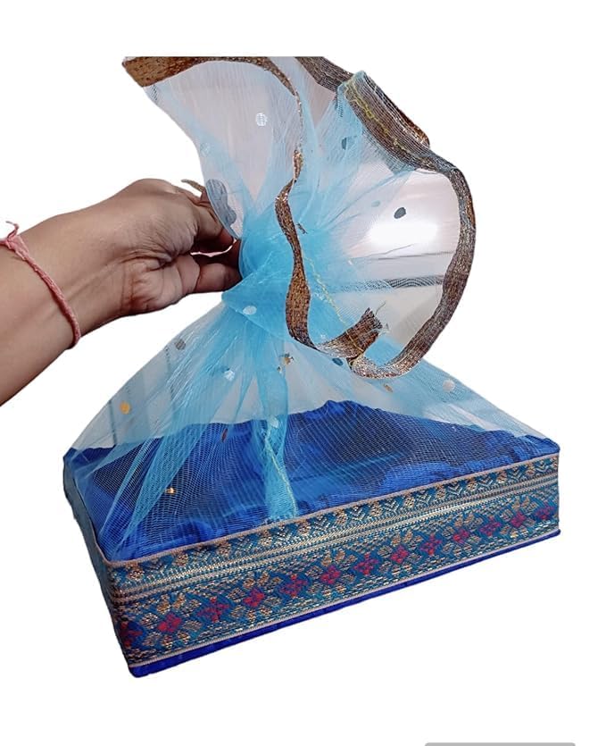 SANWALSA (Small, 8x8x2 inch, Square) MDF Base Designer Gift Hamper Packaging Baskets with Net Cover, Gift Hamper Organiser perfect for any occasion (Blue) - Image 2