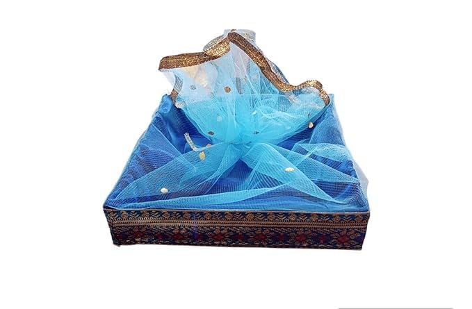 SANWALSA (Small, 8x8x2 inch, Square) MDF Base Designer Gift Hamper Packaging Baskets with Net Cover, Gift Hamper Organiser perfect for any occasion (Blue) - Image 1