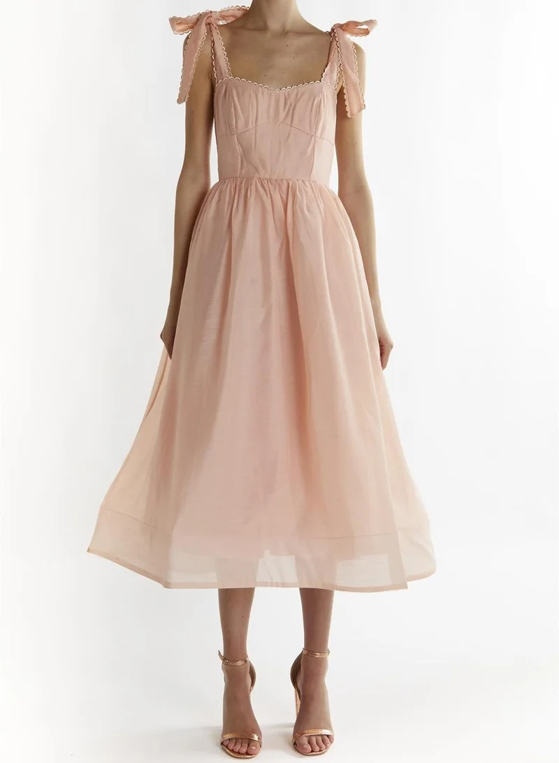 Dusty-Peach Tie-Strap Midi-Dress