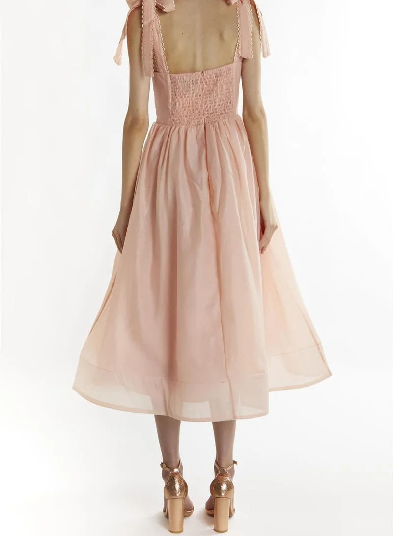 True Decadence Dusty-Peach Tie-Strap Midi-Dress