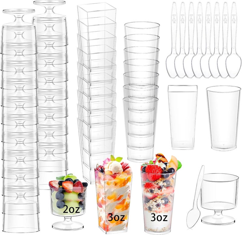 ALEXPRE 240 Packs 23 oz Mini Dessert Cups with Spoons SquareRoundRound Goblet Clear Dessert Parfait Cups Mini Plastic Dessert Cups Small Reusable Fruit Ice Cream Pudding Appetizer Cup Bowls - Image 1