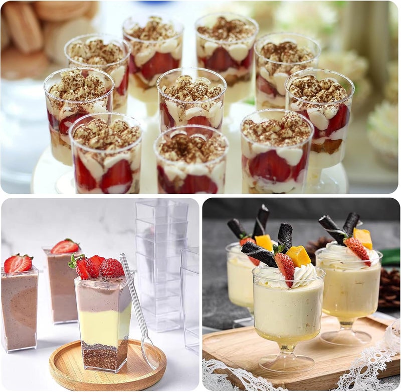 ALEXPRE 240 Packs 23 oz Mini Dessert Cups with Spoons SquareRoundRound Goblet Clear Dessert Parfait Cups Mini Plastic Dessert Cups Small Reusable Fruit Ice Cream Pudding Appetizer Cup Bowls - Image 5