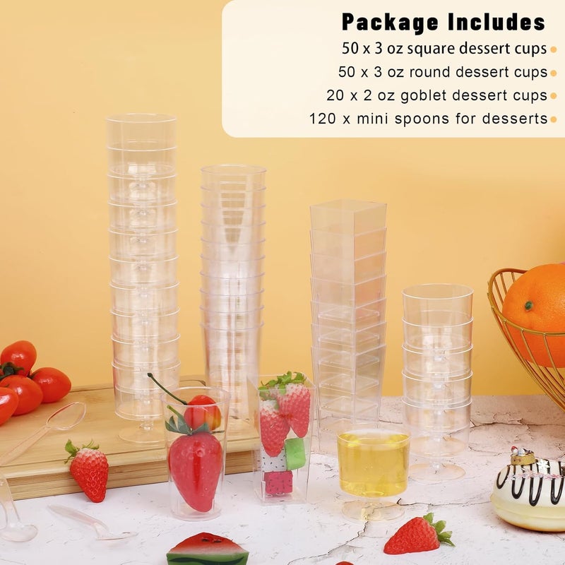 ALEXPRE 240 Packs 23 oz Mini Dessert Cups with Spoons SquareRoundRound Goblet Clear Dessert Parfait Cups Mini Plastic Dessert Cups Small Reusable Fruit Ice Cream Pudding Appetizer Cup Bowls - Image 3