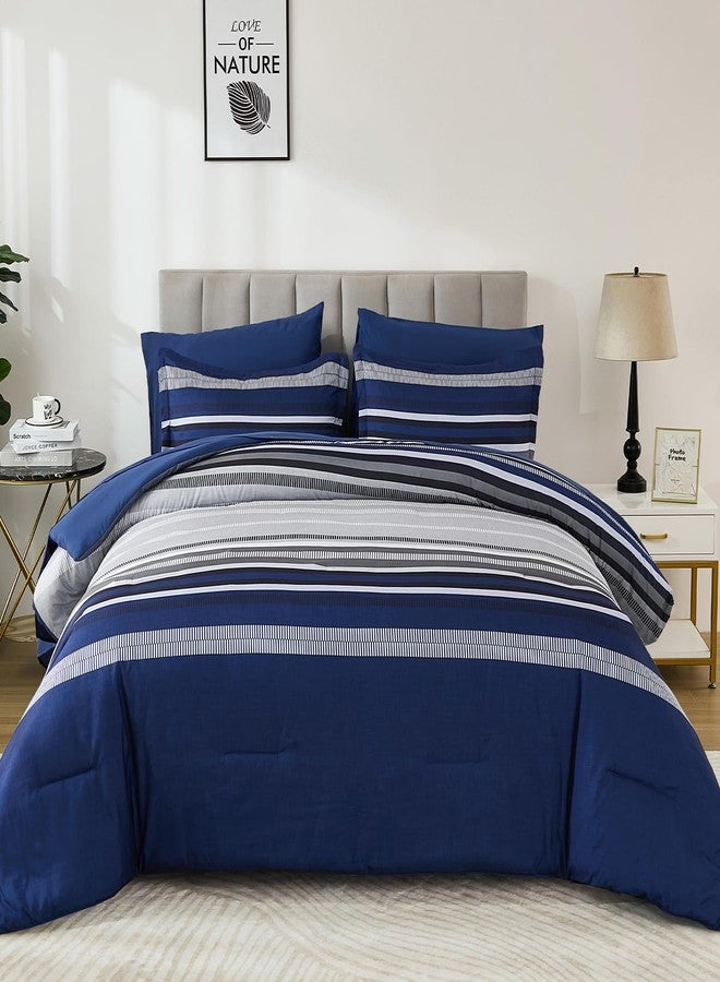 Dobuyly Navy Blue King Size Comforter Set 7 Pieces, Boho Striped Bed in a Bag Soft Microfiber All Season Bedding Set with Comforter, Sheets, Pillowcases & Shams - Image 2
