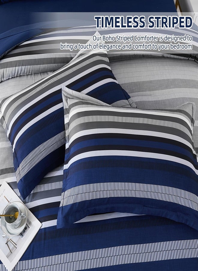 Dobuyly Navy Blue King Size Comforter Set 7 Pieces, Boho Striped Bed in a Bag Soft Microfiber All Season Bedding Set with Comforter, Sheets, Pillowcases & Shams - Image 5