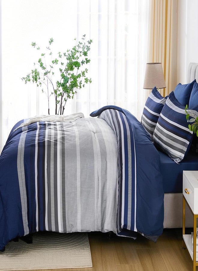 Dobuyly Navy Blue King Size Comforter Set 7 Pieces, Boho Striped Bed in a Bag Soft Microfiber All Season Bedding Set with Comforter, Sheets, Pillowcases & Shams - Image 4