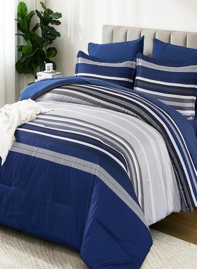 Dobuyly Navy Blue King Size Comforter Set 7 Pieces, Boho Striped Bed in a Bag Soft Microfiber All Season Bedding Set with Comforter, Sheets, Pillowcases & Shams - Image 1