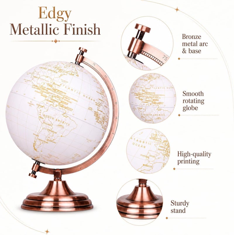 Exerz 8" Globe Golden and White - Wedding Guest Book - Bronze Metal Arc and Base, Coated in Golden Colour in White Globe (English) - Image 3