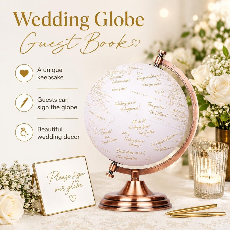 Exerz 8" Globe Golden and White - Wedding Guest Book - Bronze Metal Arc and Base, Coated in Golden Colour in White Globe (English) - Image 5