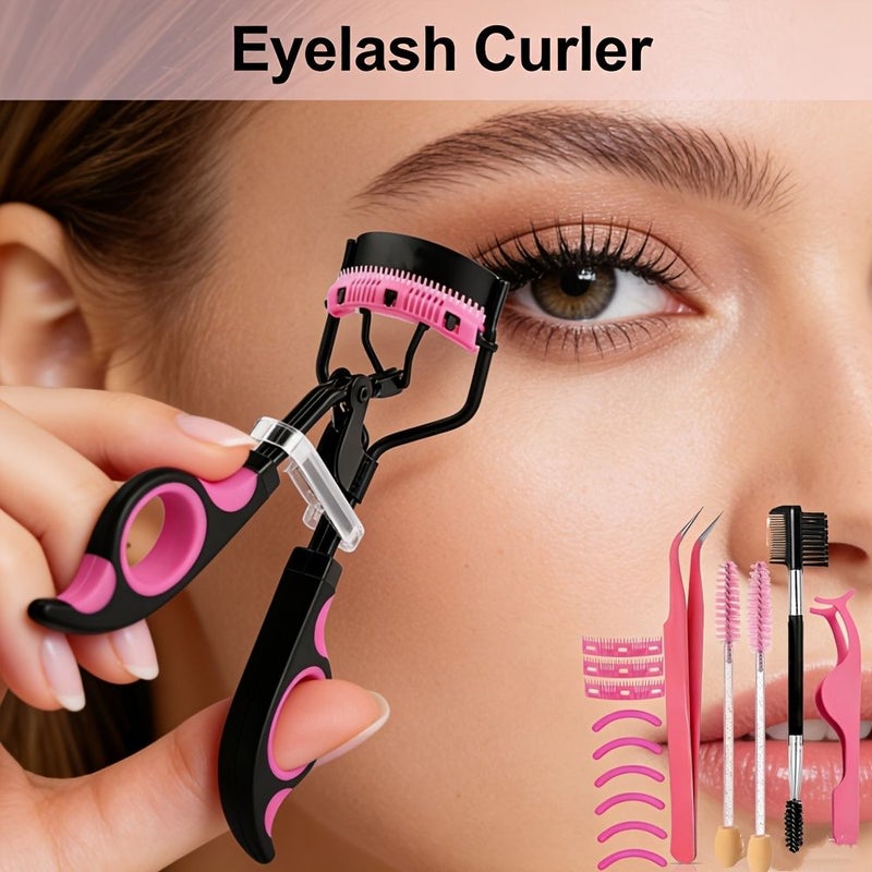 Professional 15pcs Eyelash Extension Tool Kit Curved Tweezers Eyelash Curler Lash Tape Pads Dual Ended Brow Brush Disposable Mascara Wands Home Lash Grafting Supplies Beginner Friendly Set - Image 2