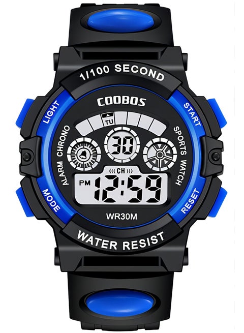 Kids Watch Water Resistant Rubber Digital Boys Watch Black/Blue/White