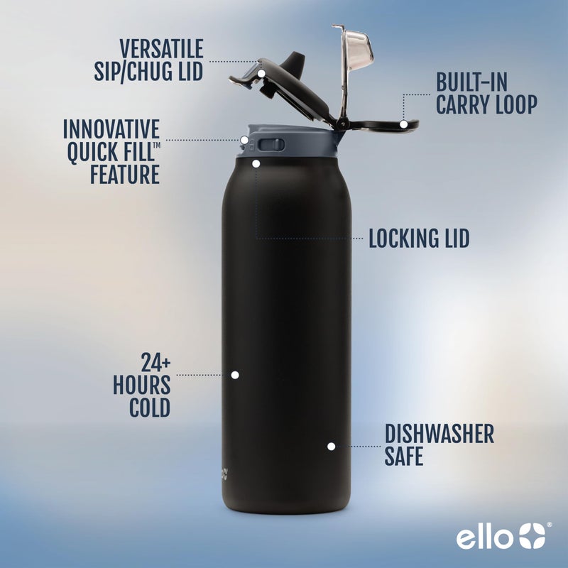 Ello Pop & Fill 40oz Stainless Steel Water Bottle with Quick Fill Technology, Double Walled and Vacuum Insulated Metal, Leak Proof Locking Lid, Sip and Chug, Reusable, BPA Free, Tonal Black - Image 3