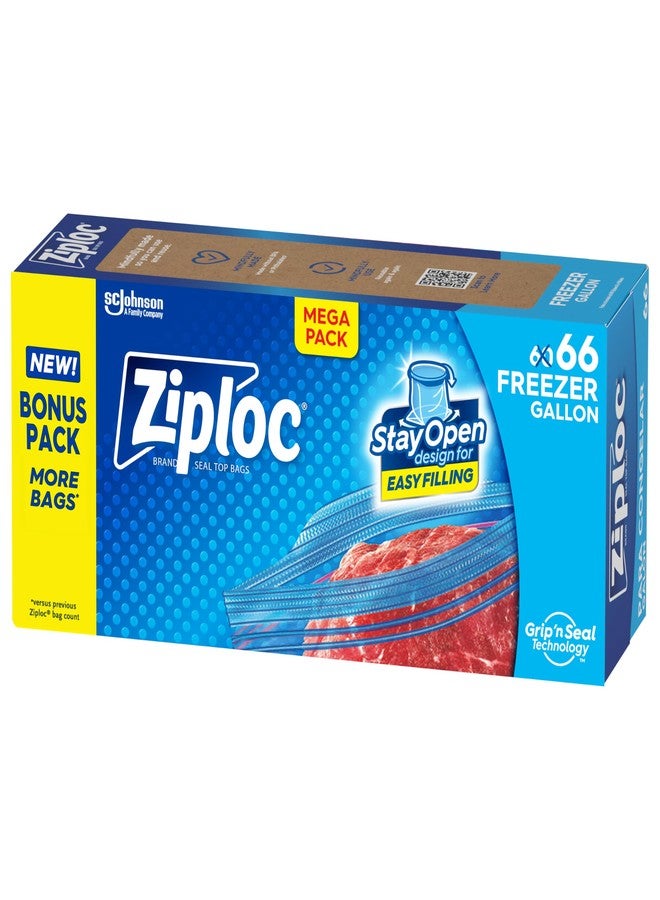 Ziploc Gallon Food Storage Freezer Bags, Stay Open Design, Easy to Fill, 66 count - Image 1