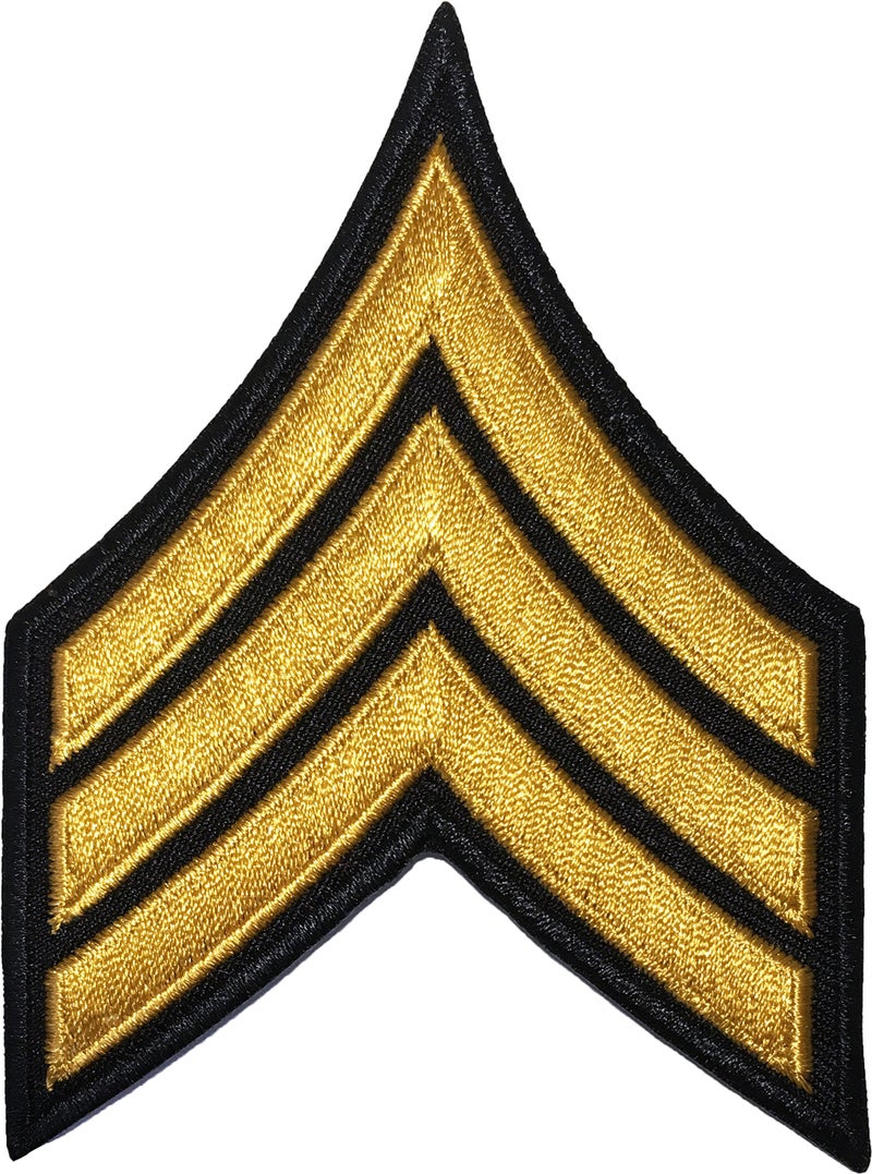 Papapatch Chevrons Sergeant E5 Stripes US Army Rank Sew on Iron on Arms Shoulder Embroidered Applique Patch Black and Gold 1 Piece IRONE5BKGOLD02