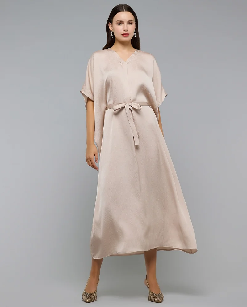 أر أند بي Belted Midi Dress with V-Neck and Kaftan Sleeves