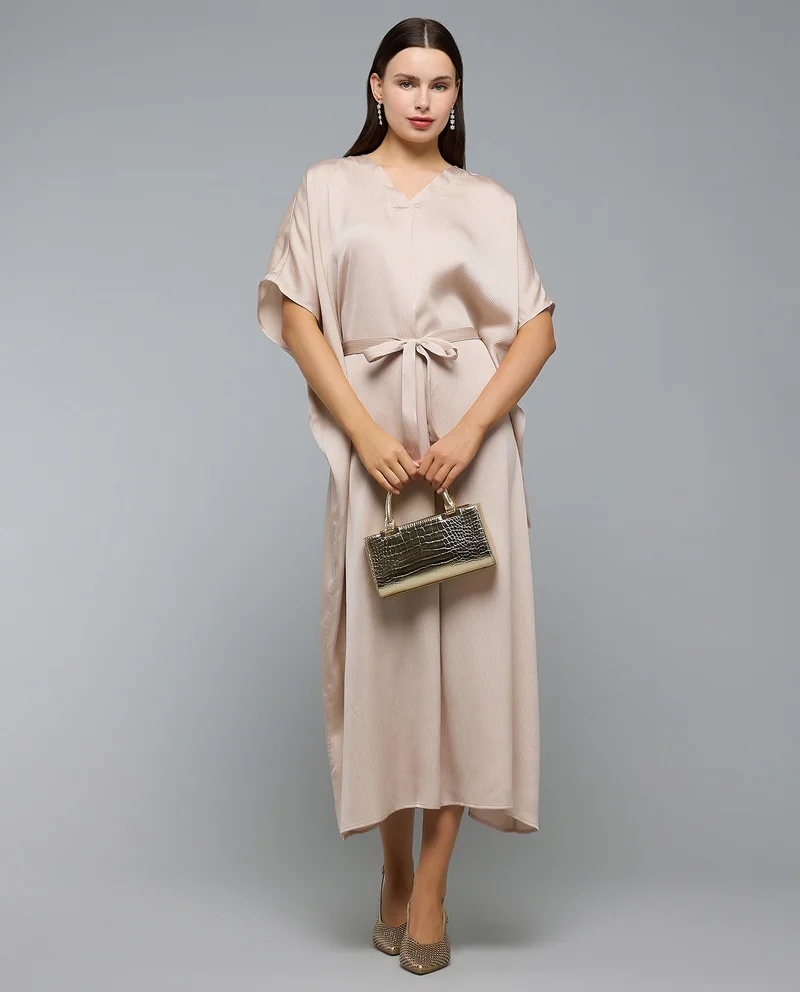 أر أند بي Belted Midi Dress with V-Neck and Kaftan Sleeves