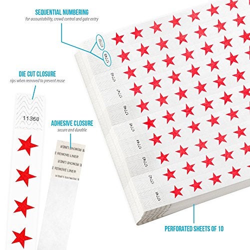 Wristco 500 WristCo Red Stars Tyvek Wristbands for Events - Comfortable Tear Resistant Paper Bracelets ID Wrist Bands for Concerts Festivals Admission Party Identification Tours - Image 2