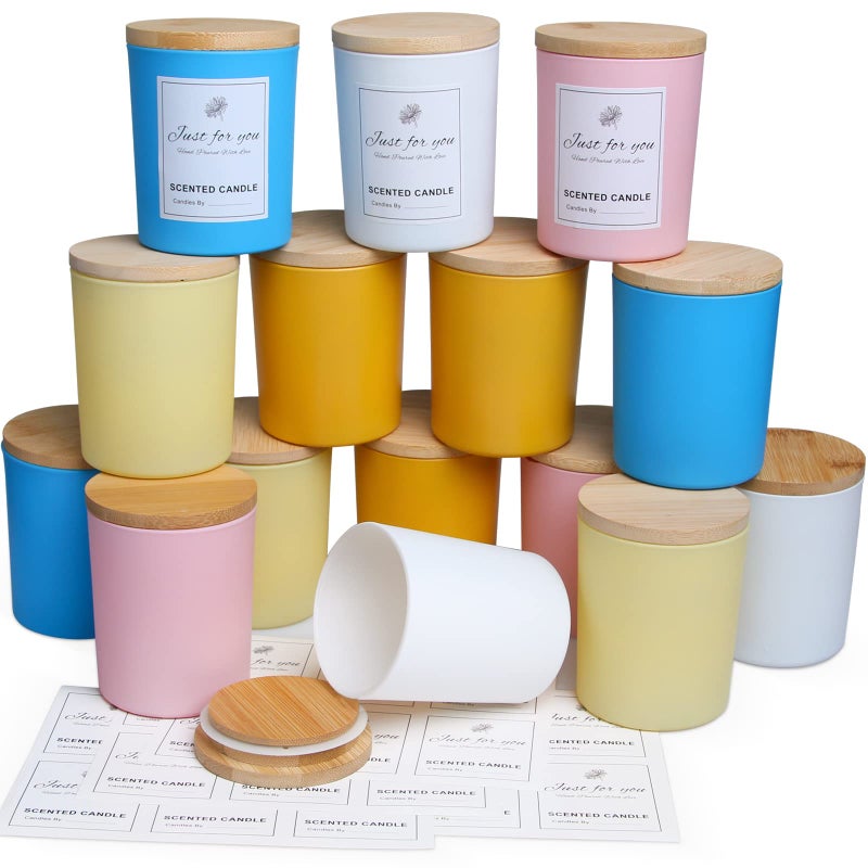 CONNOO 15 Pack Spring Glass Candle Jars with Bamboo Lids for Making Candles 7 oz Empty Candle Tins with Wooden Lids Bulk Clean Candle Containers  Dishwasher Safe