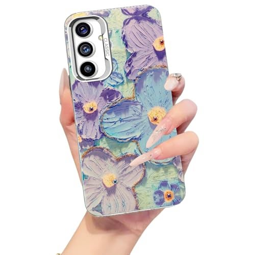 Elzzi Compatible with Samsung A56 5g Case Laser Flower Oil Painting Cute Colourful Blue Ray Bumper with Full Camera Protection Shockproof PC+TPU Glossy Shiny Cover for Girls Women, Green - Image 1