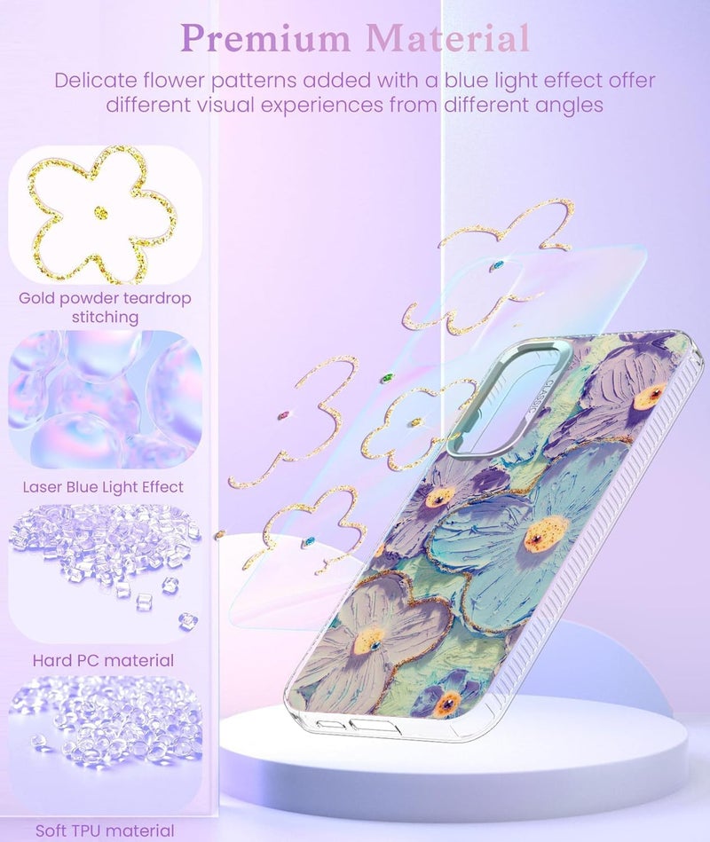 Elzzi Compatible with Samsung A56 5g Case Laser Flower Oil Painting Cute Colourful Blue Ray Bumper with Full Camera Protection Shockproof PC+TPU Glossy Shiny Cover for Girls Women, Green - Image 5